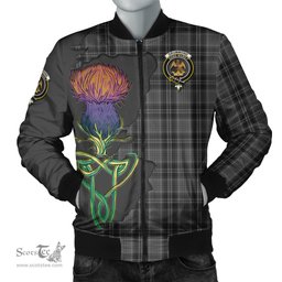 Scottish Drummond Grey Tartan Family Crest with Thistle and Scotland Map Tartan Plaid Bomber Jacket Scottish Plaid Tartan Plaid - ScotsTee - scotstee.com