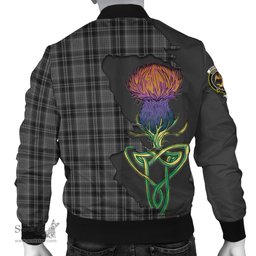 Scottish Drummond Grey Tartan Family Crest with Thistle and Scotland Map Tartan Plaid Bomber Jacket Scottish Plaid Tartan Plaid - ScotsTee - scotstee.com