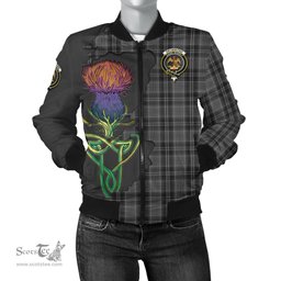 Scottish Drummond Grey Tartan Family Crest with Thistle and Scotland Map Tartan Plaid Bomber Jacket Scottish Plaid Tartan Plaid - ScotsTee - scotstee.com