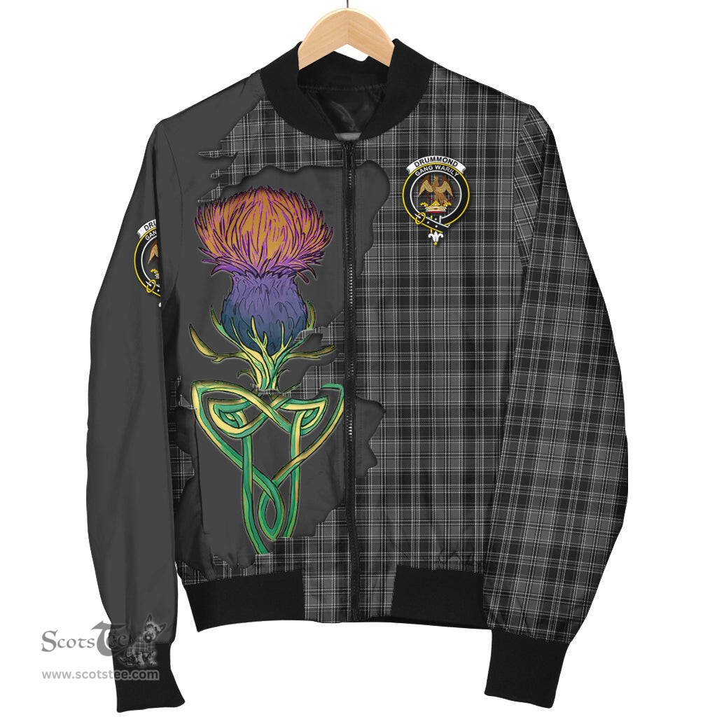 Scottish Drummond Grey Tartan Family Crest with Thistle and Scotland Map Tartan Plaid Bomber Jacket Scottish Plaid Tartan Plaid - ScotsTee - scotstee.com