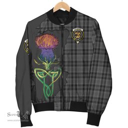 Scottish Drummond Grey Tartan Family Crest with Thistle and Scotland Map Tartan Plaid Bomber Jacket Scottish Plaid Tartan Plaid - ScotsTee - scotstee.com