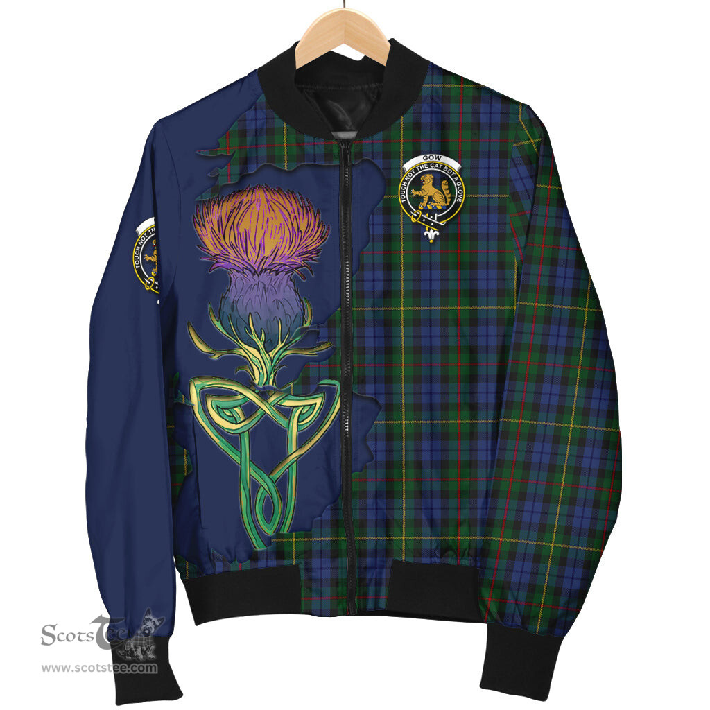 Scottish Gow Hunting Tartan Family Crest with Thistle and Scotland Map Tartan Plaid Bomber Jacket Scottish Plaid Tartan Plaid - ScotsTee - scotstee.com