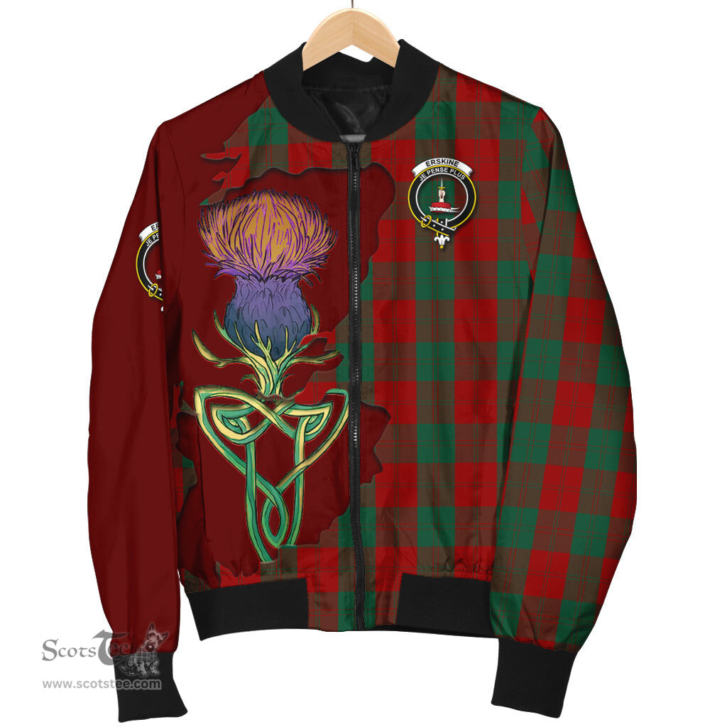 Scottish Erskine Tartan Family Crest with Thistle and Scotland Map Tartan Plaid Bomber Jacket Scottish Plaid Tartan Plaid - ScotsTee - scotstee.com