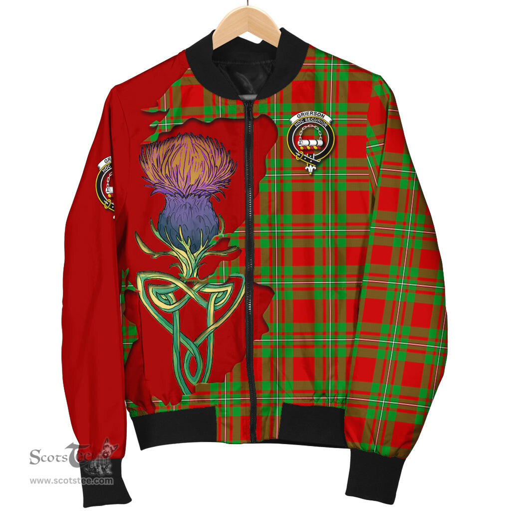 Scottish Grierson Tartan Family Crest with Thistle and Scotland Map Tartan Plaid Bomber Jacket Scottish Plaid Tartan Plaid - ScotsTee - scotstee.com