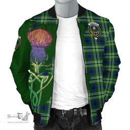 Scottish Haliburton Tartan Family Crest with Thistle and Scotland Map Tartan Plaid Bomber Jacket Scottish Plaid Tartan Plaid - ScotsTee - scotstee.com