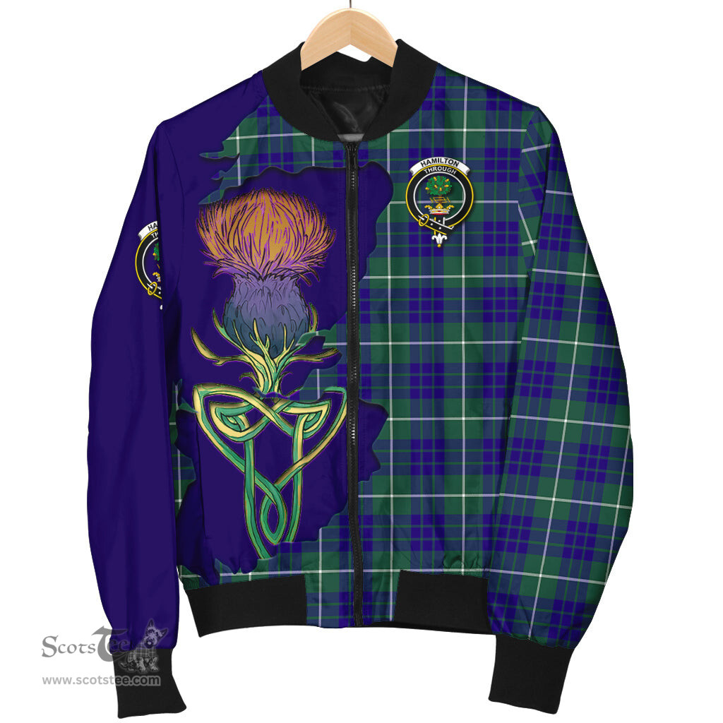 Scottish Hamilton Hunting Modern Tartan Family Crest with Thistle and Scotland Map Tartan Plaid Bomber Jacket Scottish Plaid Tartan Plaid - ScotsTee - scotstee.com