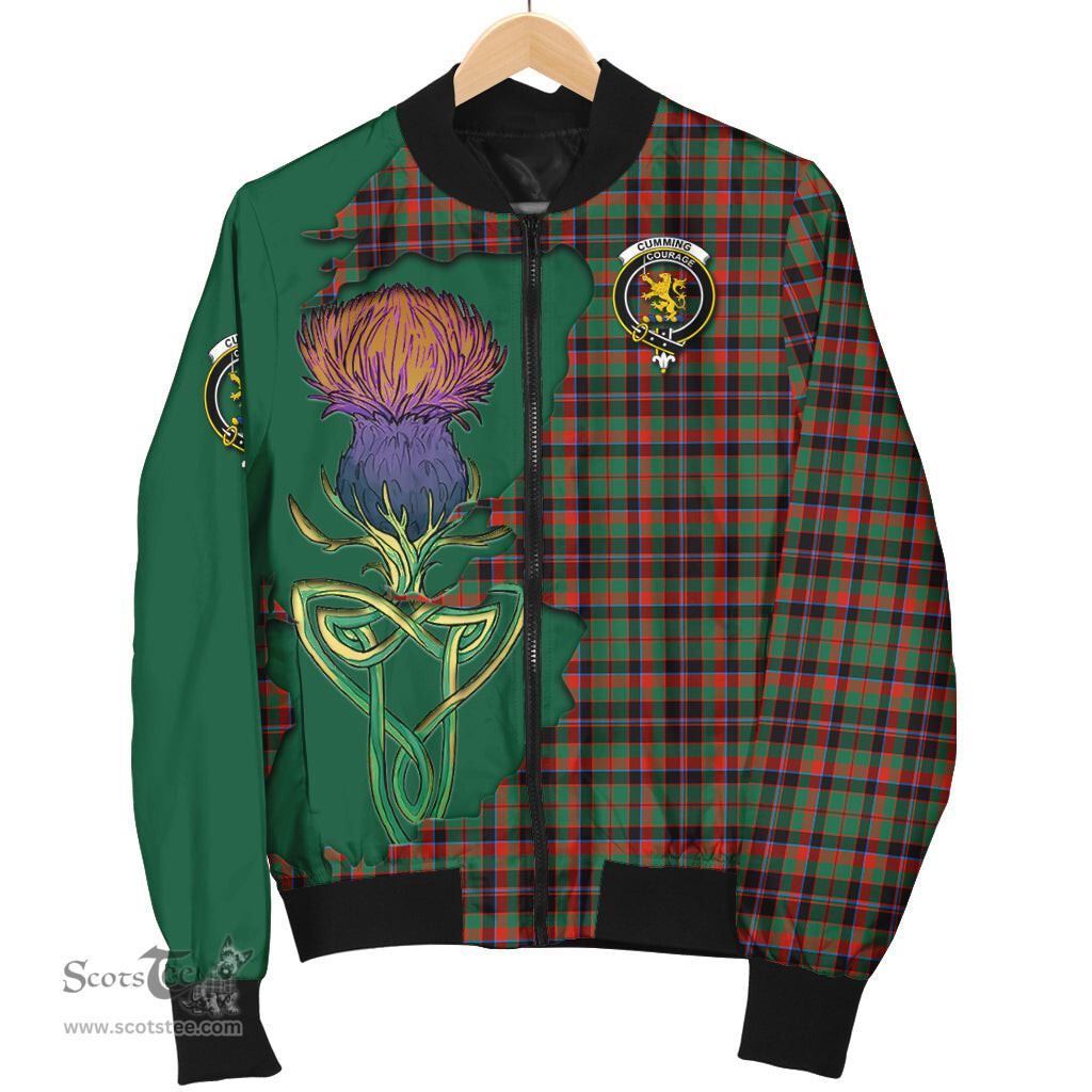 Scottish Cumming Hunting Ancient Tartan Family Crest with Thistle and Scotland Map Tartan Plaid Bomber Jacket Scottish Plaid Tartan Plaid - ScotsTee - scotstee.com