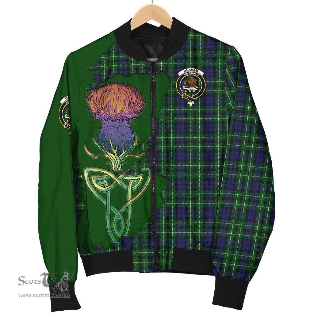 Scottish Graham of Montrose Tartan Family Crest with Thistle and Scotland Map Tartan Plaid Bomber Jacket Scottish Plaid Tartan Plaid - ScotsTee - scotstee.com