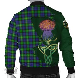 Scottish Gordon Modern Tartan Family Crest with Thistle and Scotland Map Tartan Plaid Bomber Jacket Scottish Plaid Tartan Plaid - ScotsTee - scotstee.com
