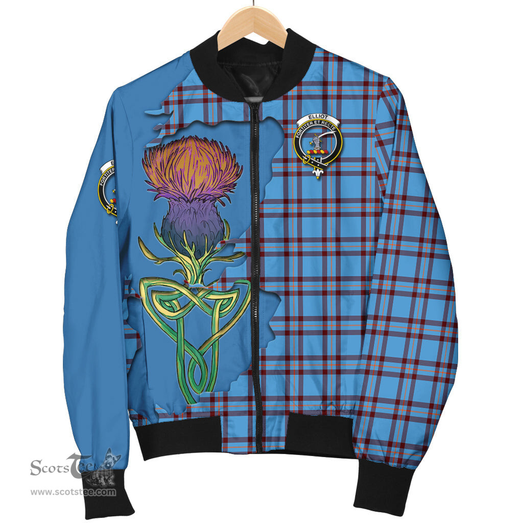 Scottish Elliot Ancient Tartan Family Crest with Thistle and Scotland Map Tartan Plaid Bomber Jacket Scottish Plaid Tartan Plaid - ScotsTee - scotstee.com