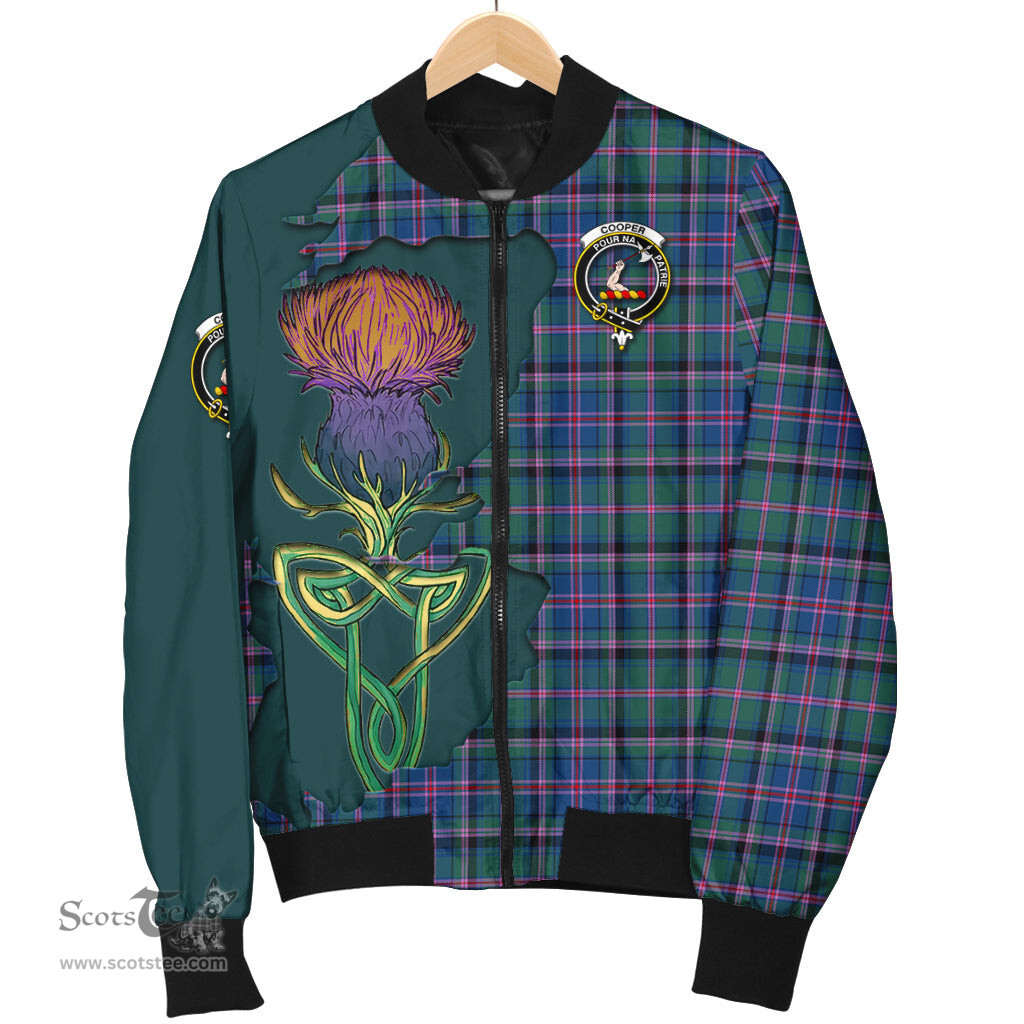 Scottish Cooper Tartan Family Crest with Thistle and Scotland Map Tartan Plaid Bomber Jacket Scottish Plaid Tartan Plaid - ScotsTee - scotstee.com