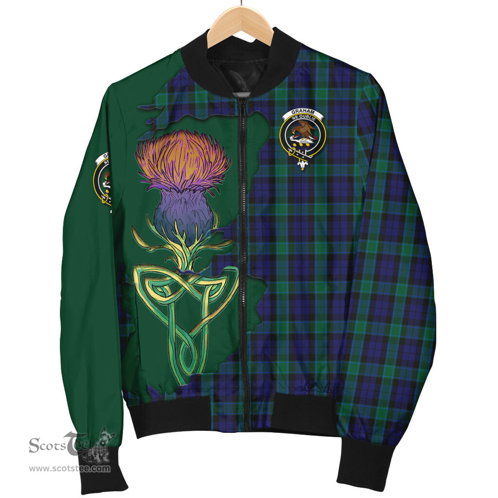 Scottish Graham of Menteith Tartan Family Crest with Thistle and Scotland Map Tartan Plaid Bomber Jacket Scottish Plaid Tartan Plaid - ScotsTee - scotstee.com