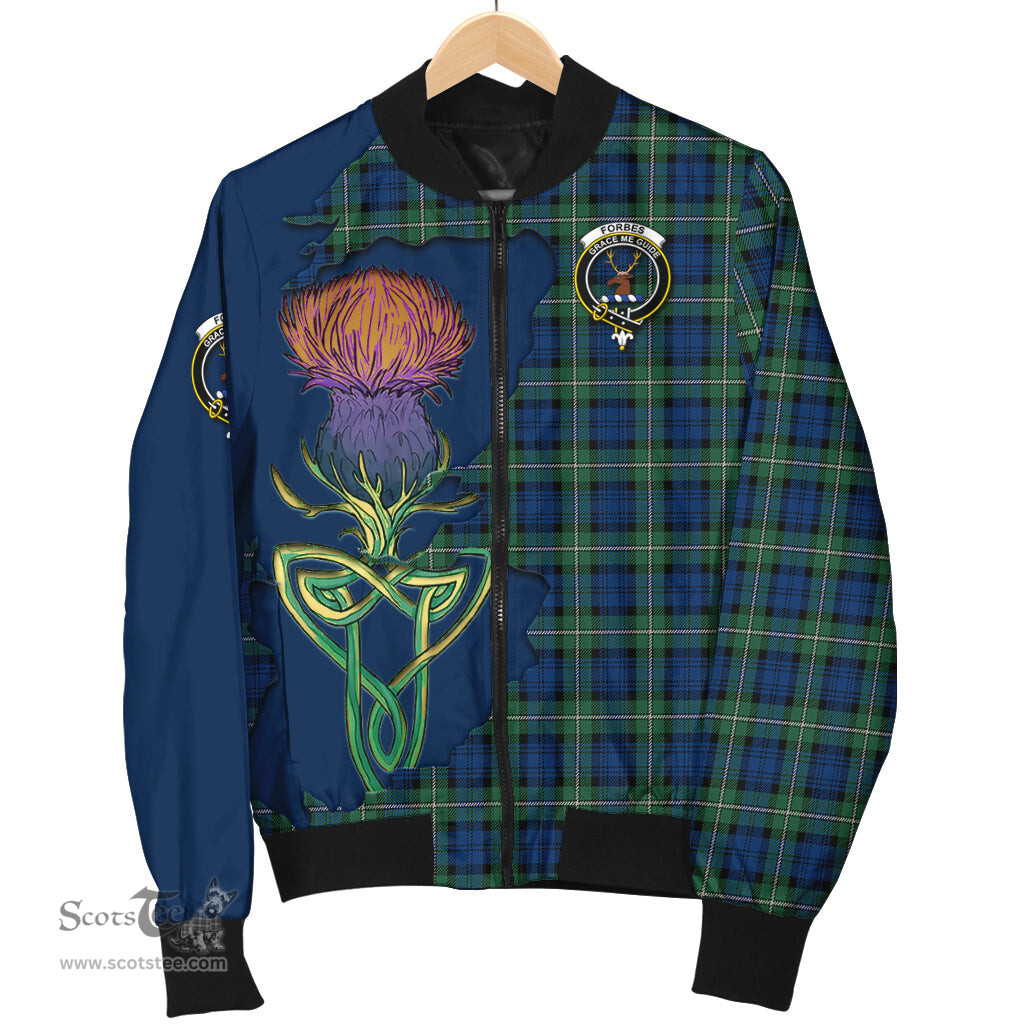 Scottish Forbes Ancient Tartan Family Crest with Thistle and Scotland Map Tartan Plaid Bomber Jacket Scottish Plaid Tartan Plaid - ScotsTee - scotstee.com