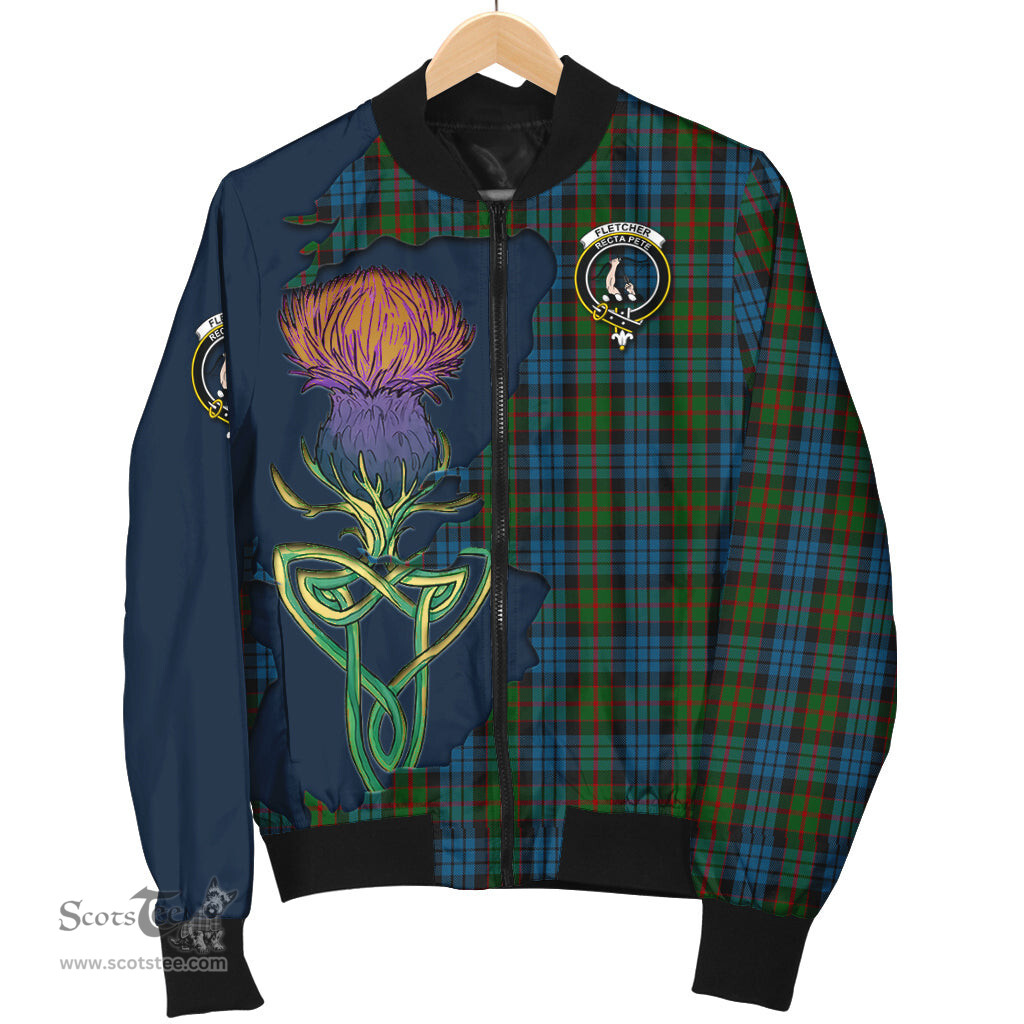 Scottish Fletcher of Dunans Tartan Family Crest with Thistle and Scotland Map Tartan Plaid Bomber Jacket Scottish Plaid Tartan Plaid - ScotsTee - scotstee.com