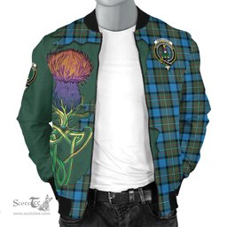 Scottish Fergusson Ancient Tartan Family Crest with Thistle and Scotland Map Tartan Plaid Bomber Jacket Scottish Plaid Tartan Plaid - ScotsTee - scotstee.com
