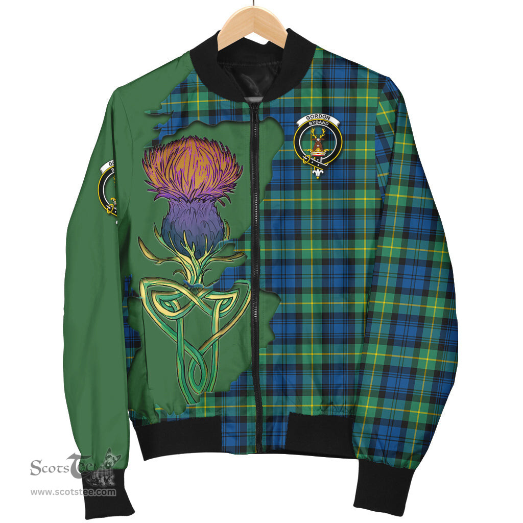 Scottish Gordon Ancient Tartan Family Crest with Thistle and Scotland Map Tartan Plaid Bomber Jacket Scottish Plaid Tartan Plaid - ScotsTee - scotstee.com