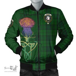 Scottish Dunbar Hunting Tartan Family Crest with Thistle and Scotland Map Tartan Plaid Bomber Jacket Scottish Plaid Tartan Plaid - ScotsTee - scotstee.com
