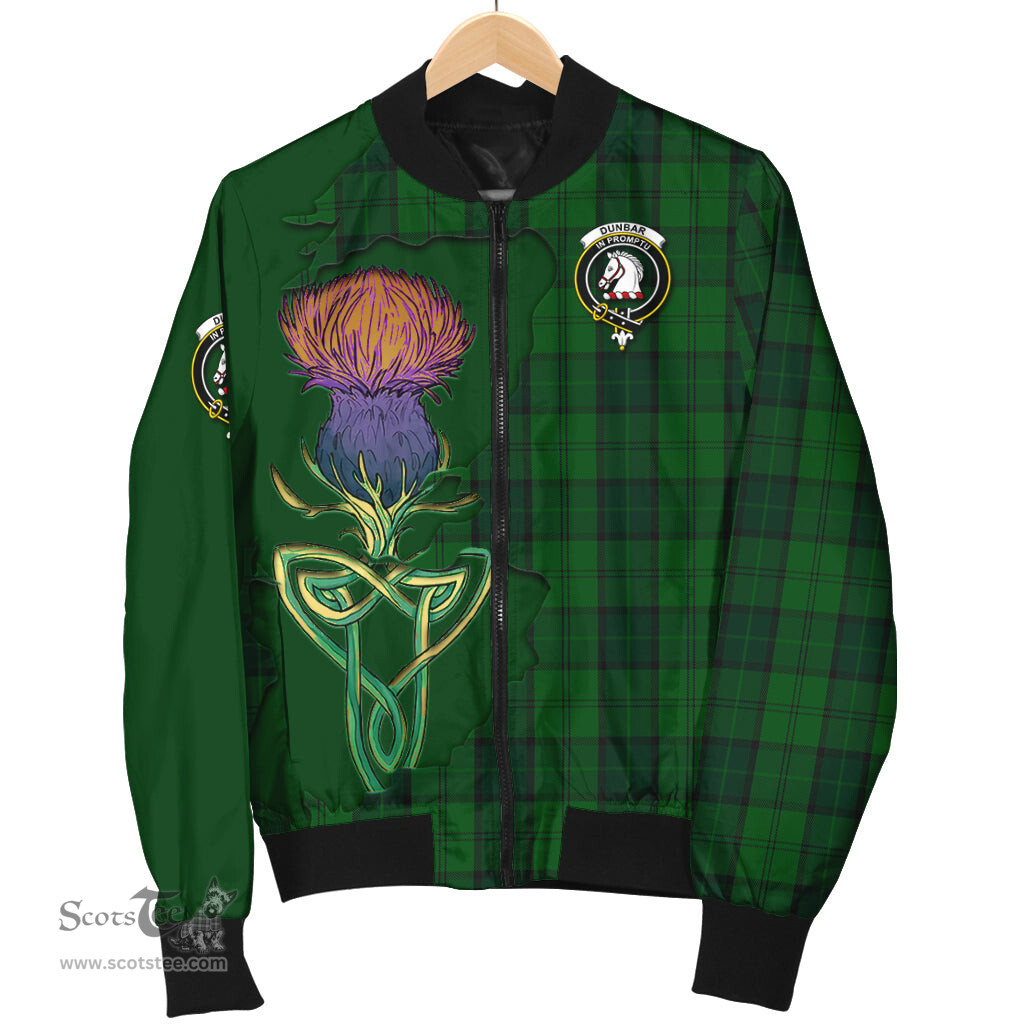 Scottish Dunbar Hunting Tartan Family Crest with Thistle and Scotland Map Tartan Plaid Bomber Jacket Scottish Plaid Tartan Plaid - ScotsTee - scotstee.com