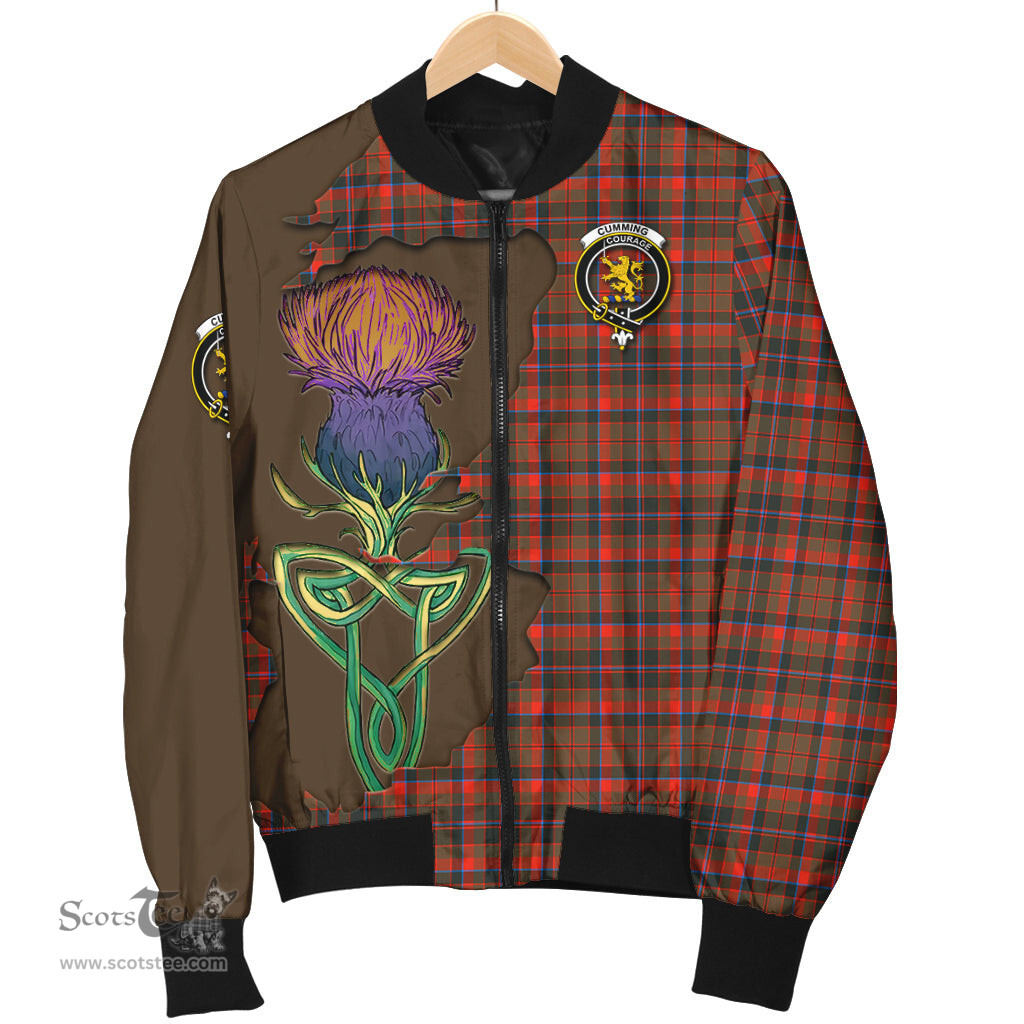 Scottish Cumming Hunting Weathered Tartan Family Crest with Thistle and Scotland Map Tartan Plaid Bomber Jacket Scottish Plaid Tartan Plaid - ScotsTee - scotstee.com