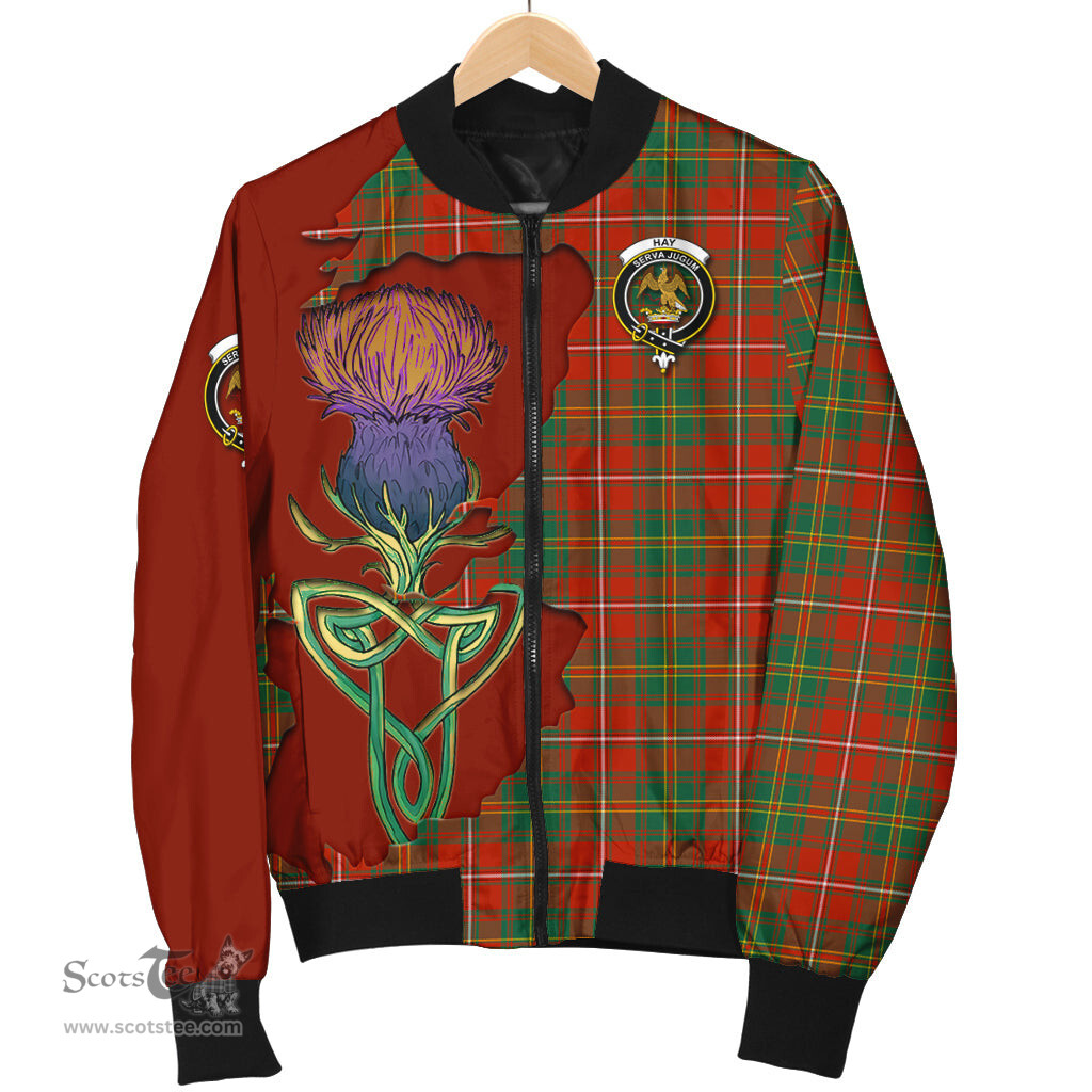 Scottish Hay Ancient Tartan Family Crest with Thistle and Scotland Map Tartan Plaid Bomber Jacket Scottish Plaid Tartan Plaid - ScotsTee - scotstee.com