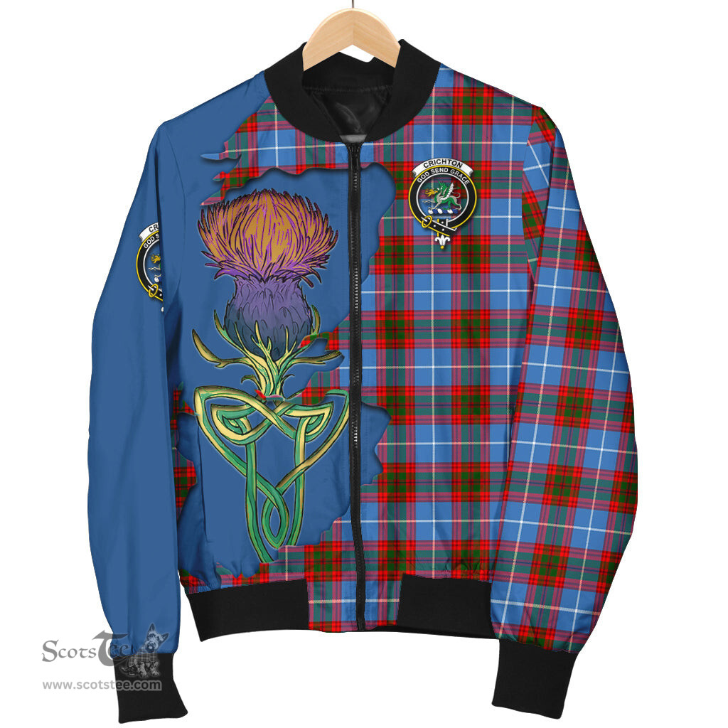 Scottish Crichton Tartan Family Crest with Thistle and Scotland Map Tartan Plaid Bomber Jacket Scottish Plaid Tartan Plaid - ScotsTee - scotstee.com