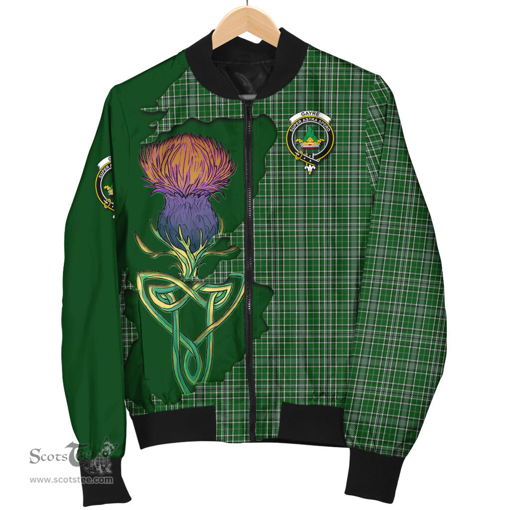 Scottish Gayre Dress Tartan Family Crest with Thistle and Scotland Map Tartan Plaid Bomber Jacket Scottish Plaid Tartan Plaid - ScotsTee - scotstee.com