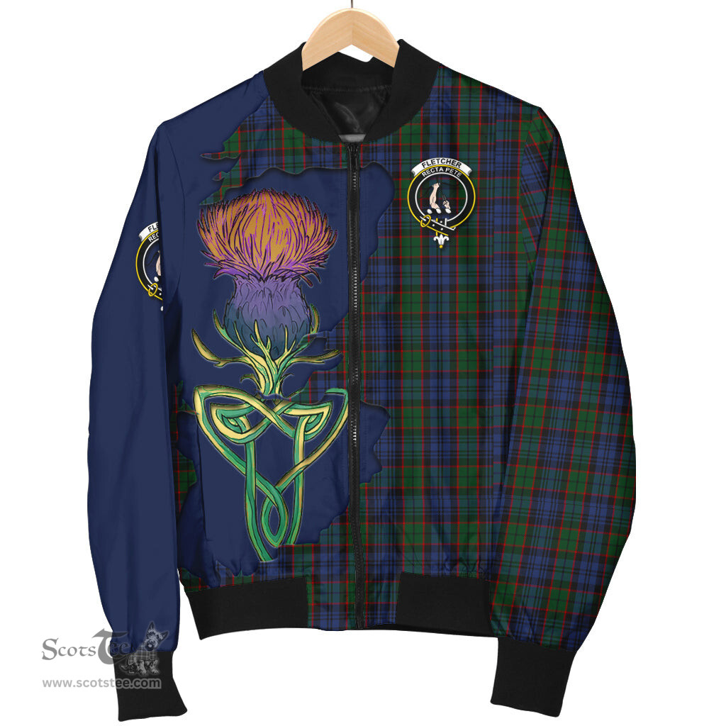 Scottish Fletcher Tartan Family Crest with Thistle and Scotland Map Tartan Plaid Bomber Jacket Scottish Plaid Tartan Plaid - ScotsTee - scotstee.com