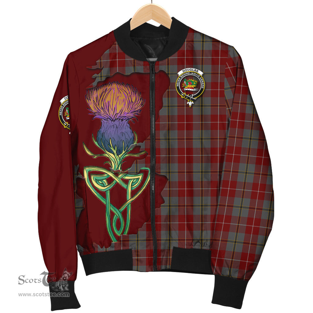 Scottish Douglas Ancient Red Tartan Family Crest with Thistle and Scotland Map Tartan Plaid Bomber Jacket Scottish Plaid Tartan Plaid - ScotsTee - scotstee.com