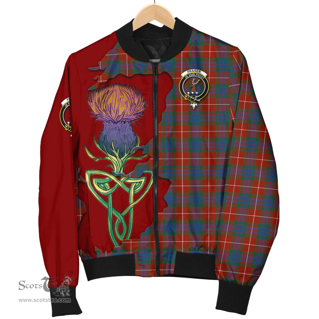 Scottish Fraser Ancient Tartan Family Crest with Thistle and Scotland Map Tartan Plaid Bomber Jacket Scottish Plaid Tartan Plaid - ScotsTee - scotstee.com