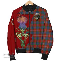 Scottish Fraser Ancient Tartan Family Crest with Thistle and Scotland Map Tartan Plaid Bomber Jacket Scottish Plaid Tartan Plaid - ScotsTee - scotstee.com