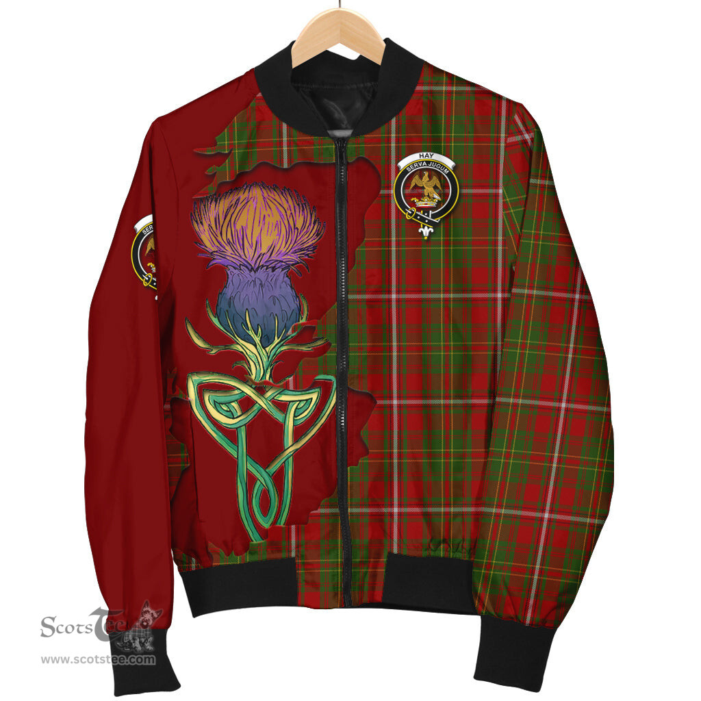 Scottish Hay Tartan Family Crest with Thistle and Scotland Map Tartan Plaid Bomber Jacket Scottish Plaid Tartan Plaid - ScotsTee - scotstee.com