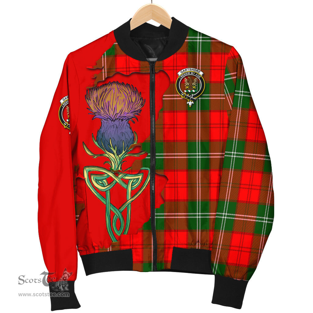Scottish Gartshore Tartan Family Crest with Thistle and Scotland Map Tartan Plaid Bomber Jacket Scottish Plaid Tartan Plaid - ScotsTee - scotstee.com