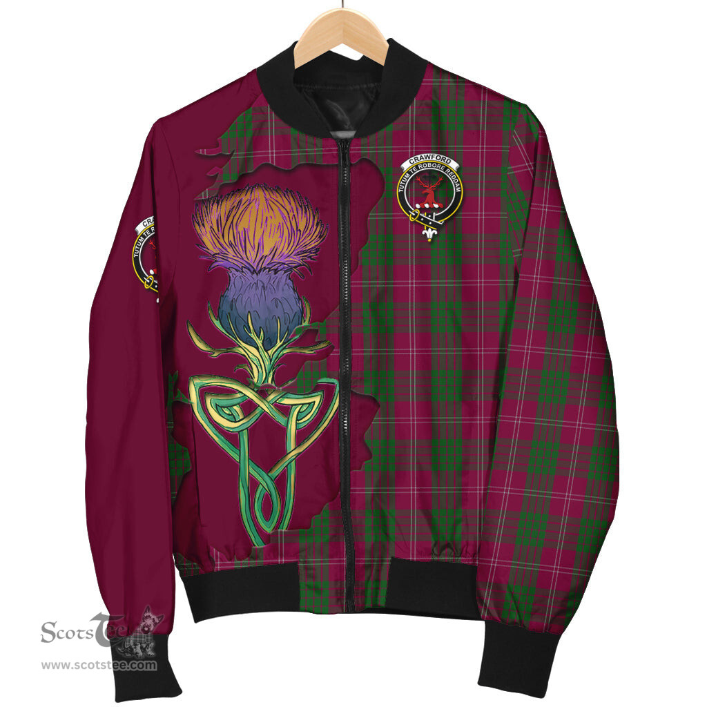 Scottish Crawford Tartan Family Crest with Thistle and Scotland Map Tartan Plaid Bomber Jacket Scottish Plaid Tartan Plaid - ScotsTee - scotstee.com
