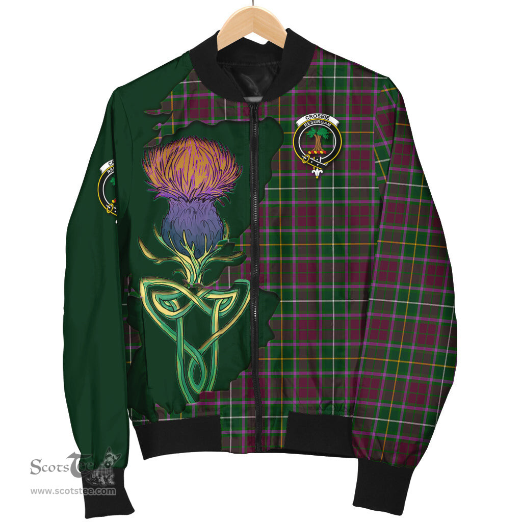 Scottish Crosbie Tartan Family Crest with Thistle and Scotland Map Tartan Plaid Bomber Jacket Scottish Plaid Tartan Plaid - ScotsTee - scotstee.com
