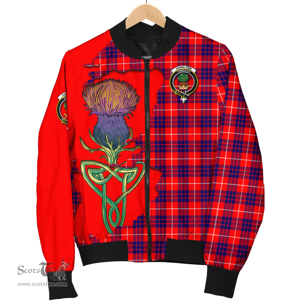Scottish Hamilton Modern Tartan Family Crest with Thistle and Scotland Map Tartan Plaid Bomber Jacket Scottish Plaid Tartan Plaid - ScotsTee - scotstee.com