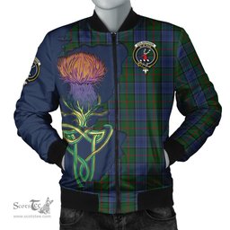 Scottish Colquhoun Tartan Family Crest with Thistle and Scotland Map Tartan Plaid Bomber Jacket Scottish Plaid Tartan Plaid - ScotsTee - scotstee.com