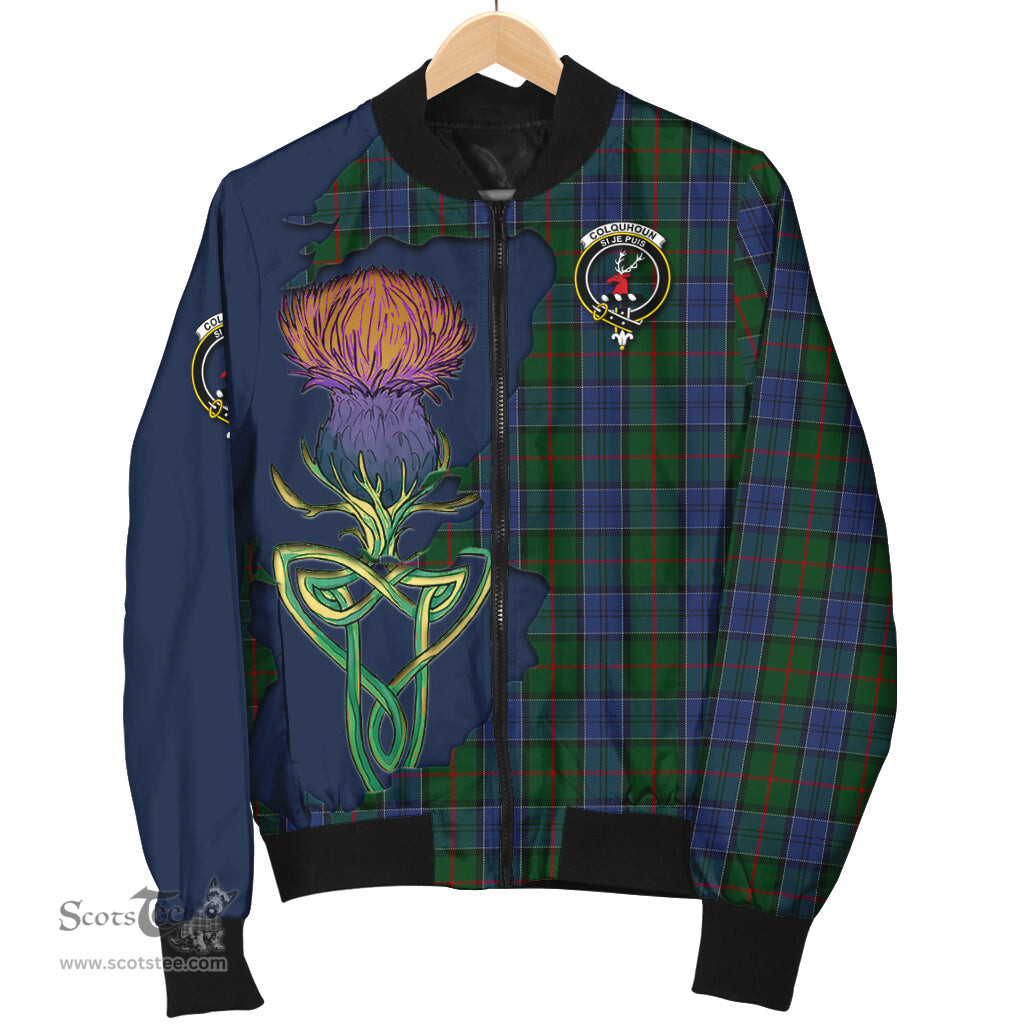 Scottish Colquhoun Tartan Family Crest with Thistle and Scotland Map Tartan Plaid Bomber Jacket Scottish Plaid Tartan Plaid - ScotsTee - scotstee.com