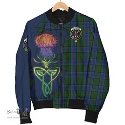 Scottish Colquhoun Tartan Family Crest with Thistle and Scotland Map Tartan Plaid Bomber Jacket Scottish Plaid Tartan Plaid - ScotsTee - scotstee.com