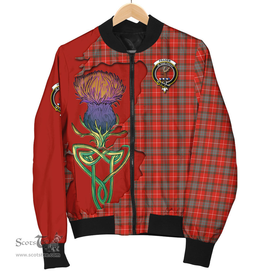 Scottish Fraser Weathered Tartan Family Crest with Thistle and Scotland Map Tartan Plaid Bomber Jacket Scottish Plaid Tartan Plaid - ScotsTee - scotstee.com