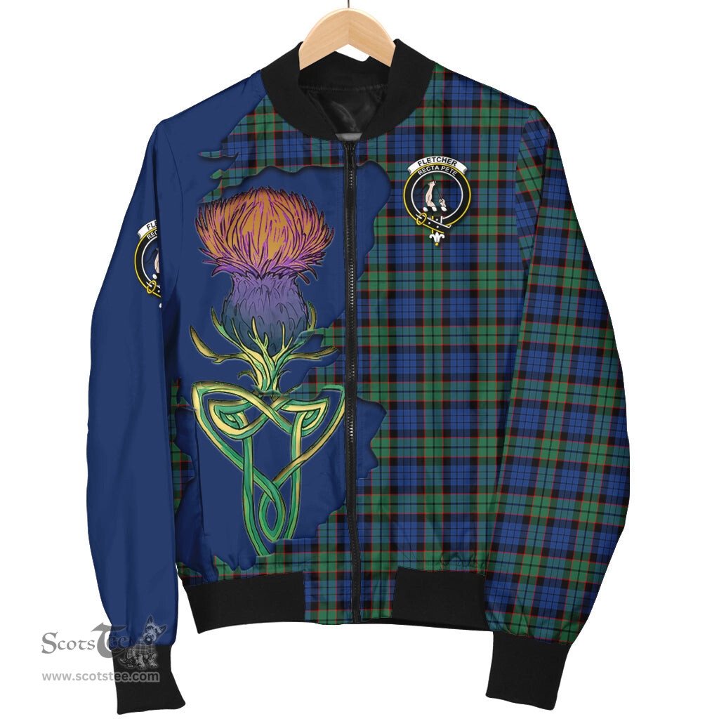 Scottish Fletcher Ancient Tartan Family Crest with Thistle and Scotland Map Tartan Plaid Bomber Jacket Scottish Plaid Tartan Plaid - ScotsTee - scotstee.com