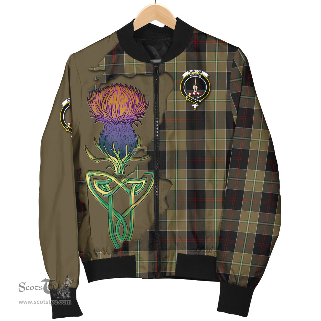 Scottish Dunlop Hunting Tartan Family Crest with Thistle and Scotland Map Tartan Plaid Bomber Jacket Scottish Plaid Tartan Plaid - ScotsTee - scotstee.com