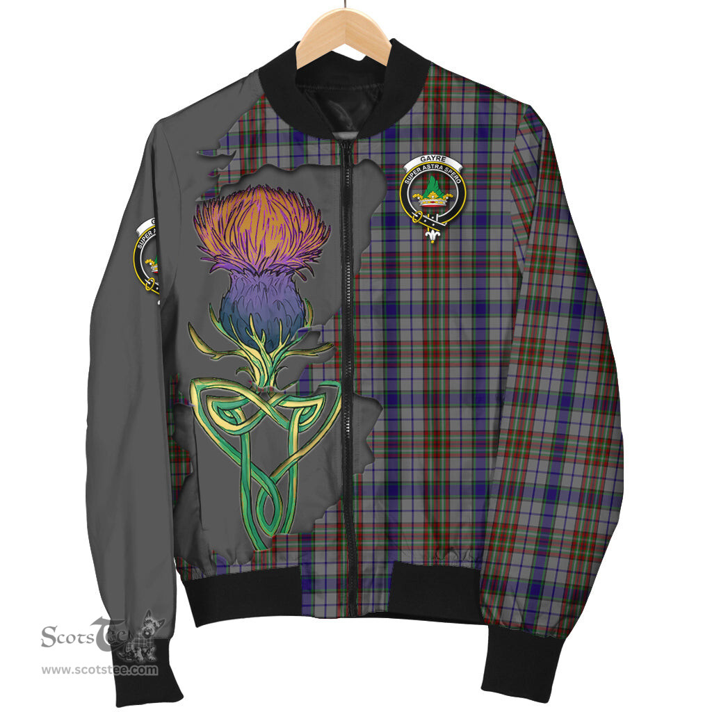 Scottish Gayre Hunting Tartan Family Crest with Thistle and Scotland Map Tartan Plaid Bomber Jacket Scottish Plaid Tartan Plaid - ScotsTee - scotstee.com