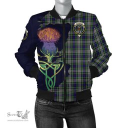 Scottish Davidson of Tulloch Dress Tartan Family Crest with Thistle and Scotland Map Tartan Plaid Bomber Jacket Scottish Plaid Tartan Plaid - ScotsTee - scotstee.com