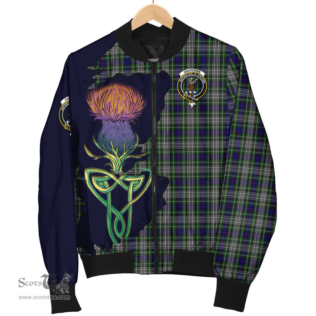 Scottish Davidson of Tulloch Dress Tartan Family Crest with Thistle and Scotland Map Tartan Plaid Bomber Jacket Scottish Plaid Tartan Plaid - ScotsTee - scotstee.com