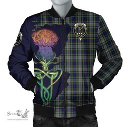 Scottish Davidson of Tulloch Dress Tartan Family Crest with Thistle and Scotland Map Tartan Plaid Bomber Jacket Scottish Plaid Tartan Plaid - ScotsTee - scotstee.com