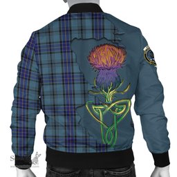 Scottish Hannay Blue Tartan Family Crest with Thistle and Scotland Map Tartan Plaid Bomber Jacket Scottish Plaid Tartan Plaid - ScotsTee - scotstee.com