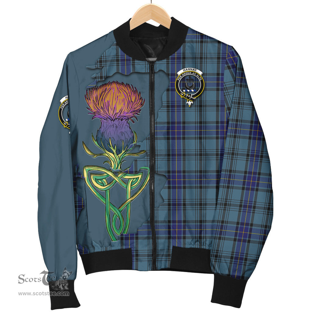 Scottish Hannay Blue Tartan Family Crest with Thistle and Scotland Map Tartan Plaid Bomber Jacket Scottish Plaid Tartan Plaid - ScotsTee - scotstee.com