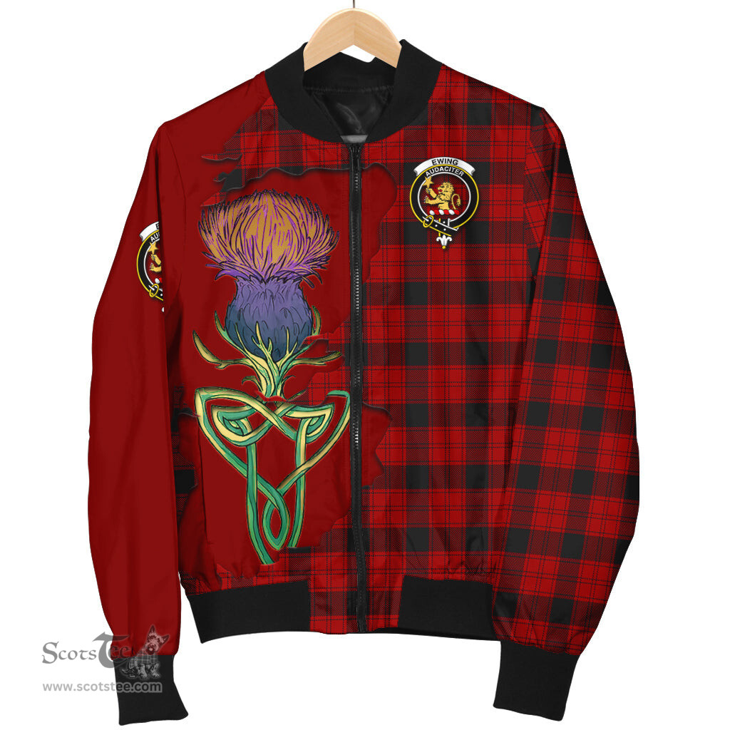Scottish Ewing Tartan Family Crest with Thistle and Scotland Map Tartan Plaid Bomber Jacket Scottish Plaid Tartan Plaid - ScotsTee - scotstee.com