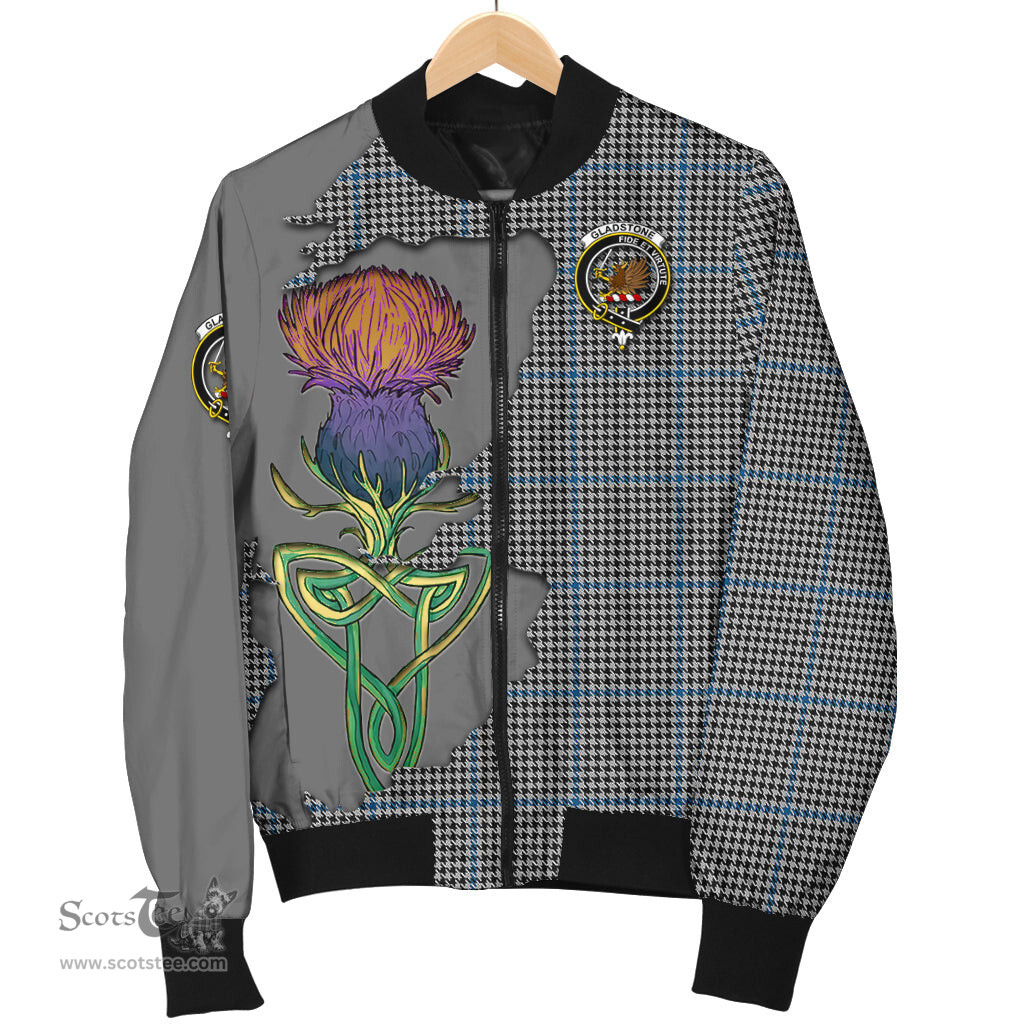Scottish Gladstone Tartan Family Crest with Thistle and Scotland Map Tartan Plaid Bomber Jacket Scottish Plaid Tartan Plaid - ScotsTee - scotstee.com
