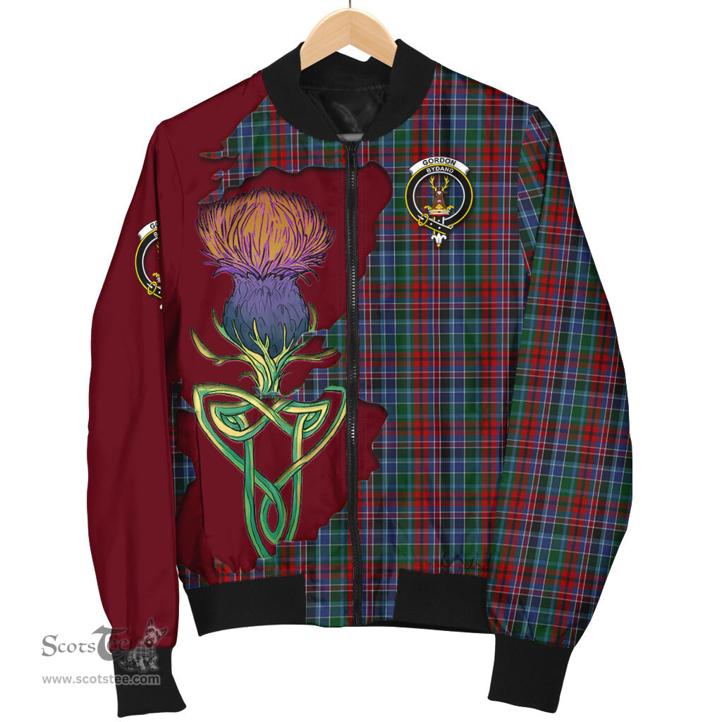 Scottish Gordon Red Tartan Family Crest with Thistle and Scotland Map Tartan Plaid Bomber Jacket Scottish Plaid Tartan Plaid - ScotsTee - scotstee.com